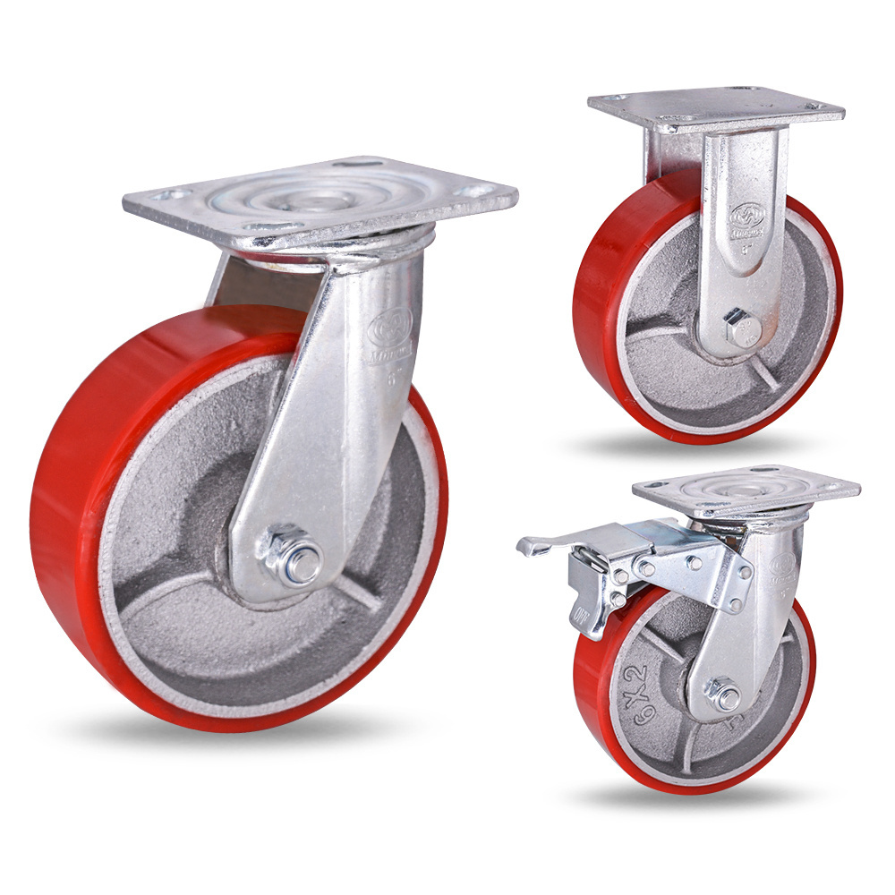 4/5/6/8 inch Heavy Duty PU On Cast Iron Caster Wheels with factory price Fixed/ Swivel/ Brake