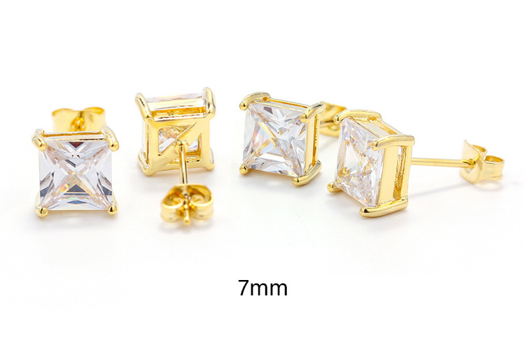 Vintage simple brass jewelry white crystal single stone 3-5mm square stud earring