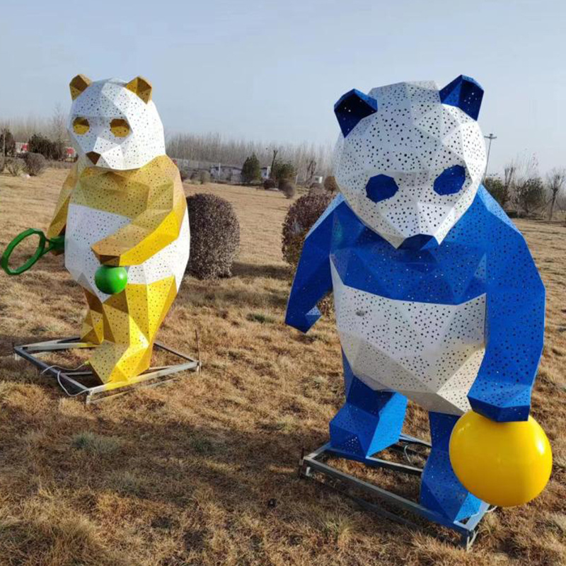 New Arrival Art Metal Resin Sculpture Fiberglass Geometric Painted Bear Statue for Outdoor Decoration