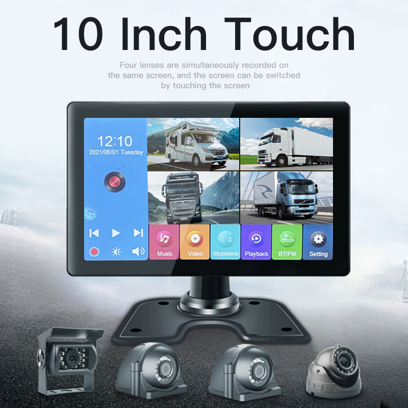 Bus Truck Car DVD Player 10.1 inch Quad Display 128GB TF Card 4 Channel DVR Video Recorder