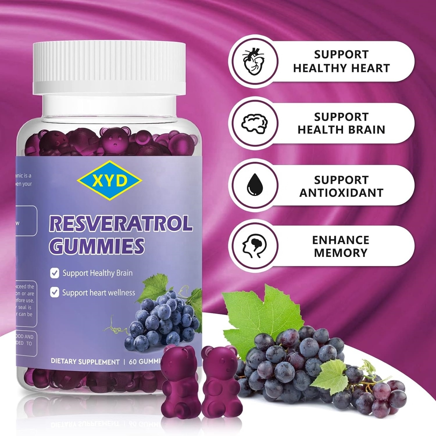 Private Label Organic Natural Resveratrol Supplement Trans Resveratrol Gummies for Adults Improve Immunity Nootropic