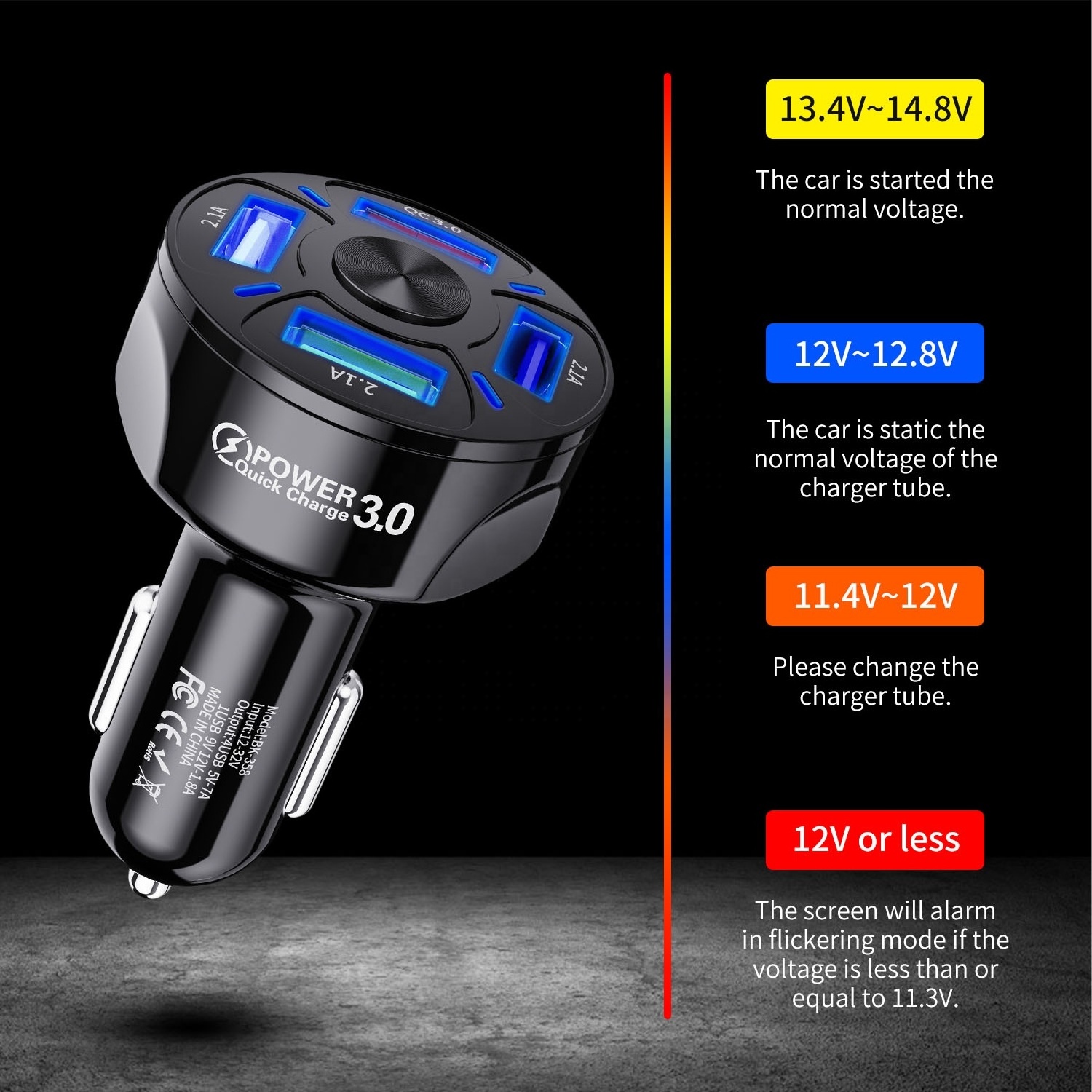 USLION OEM LOGO 48W QC3.0 USB Car Charger Portable 4 Ports USB Car Phone Charger Mobile Phone Blue Light for iphone 14 13 12 11