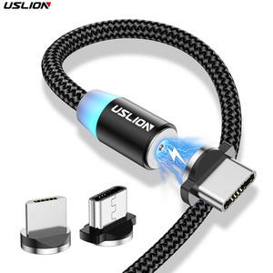 USLION 3 in 1 USB Cable Type C Magnetic Charging Cable Magnet Micro USB 360 Rotation LED Light