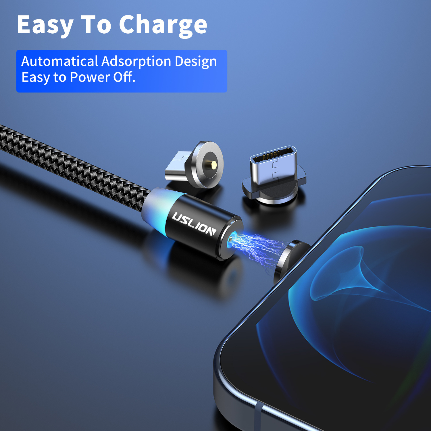 USLION 3 in 1 USB Cable Type C Magnetic Charging Cable Magnet Micro USB 360 Rotation LED Light