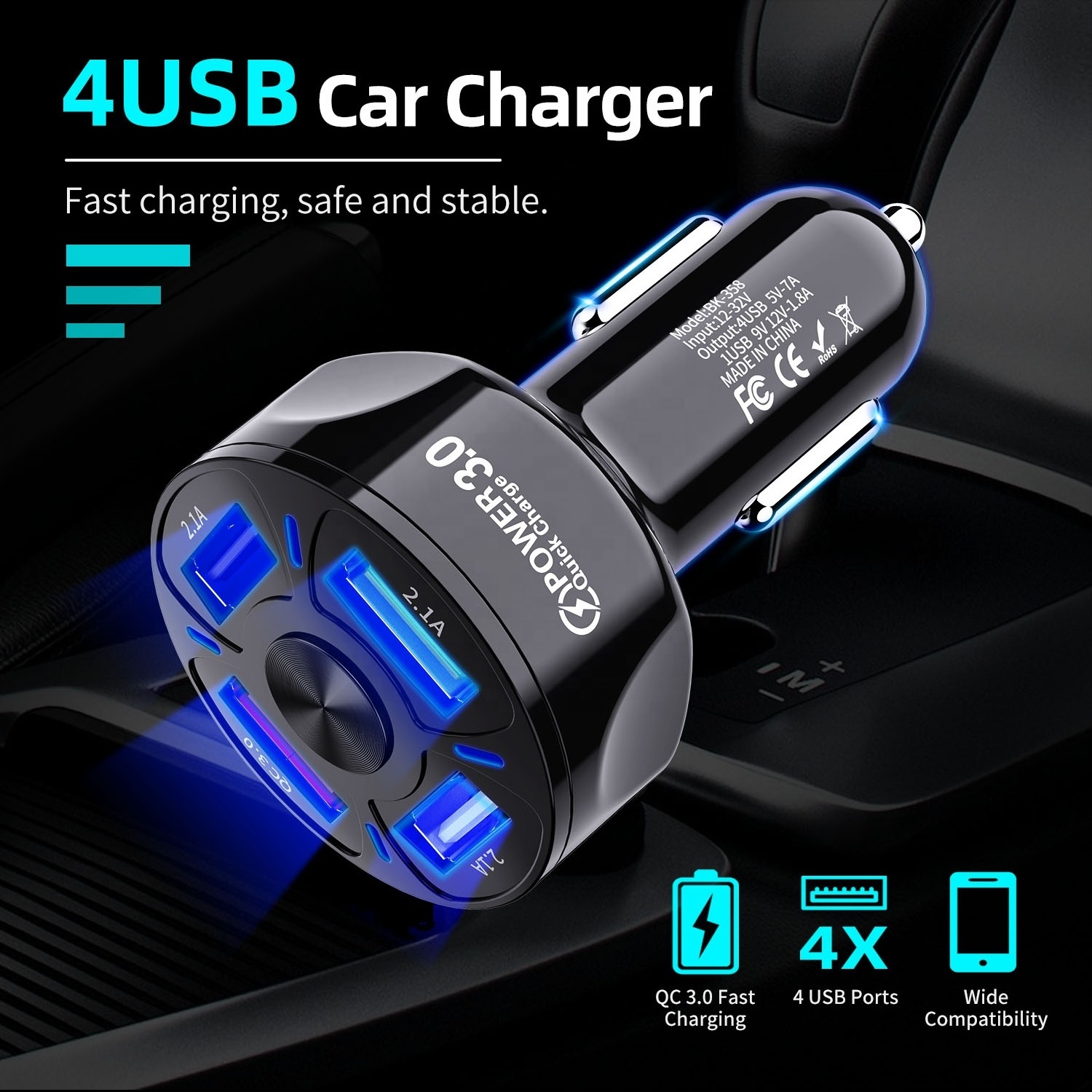 USLION OEM LOGO 48W QC3.0 USB Car Charger Portable 4 Ports USB Car Phone Charger Mobile Phone Blue Light for iphone 14 13 12 11