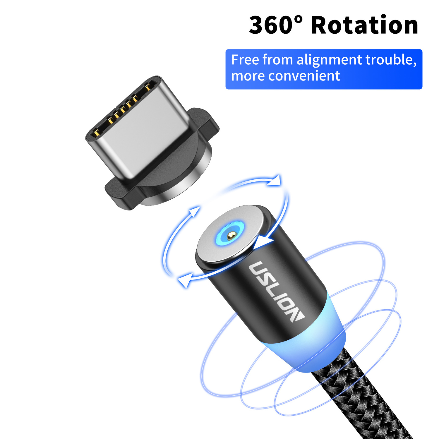 USLION 3 in 1 USB Cable Type C Magnetic Charging Cable Magnet Micro USB 360 Rotation LED Light