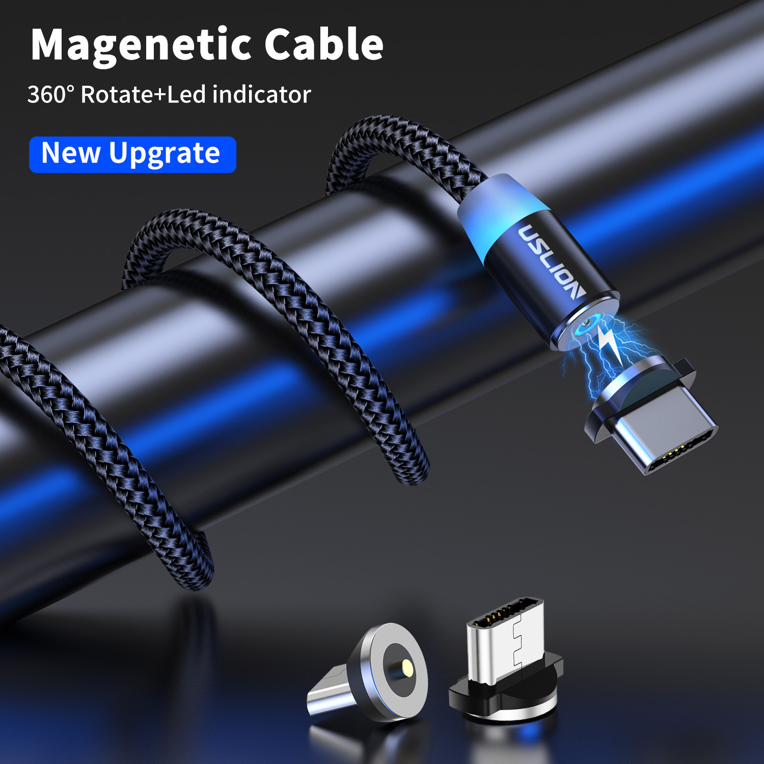 USLION 3 in 1 USB Cable Type C Magnetic Charging Cable Magnet Micro USB 360 Rotation LED Light