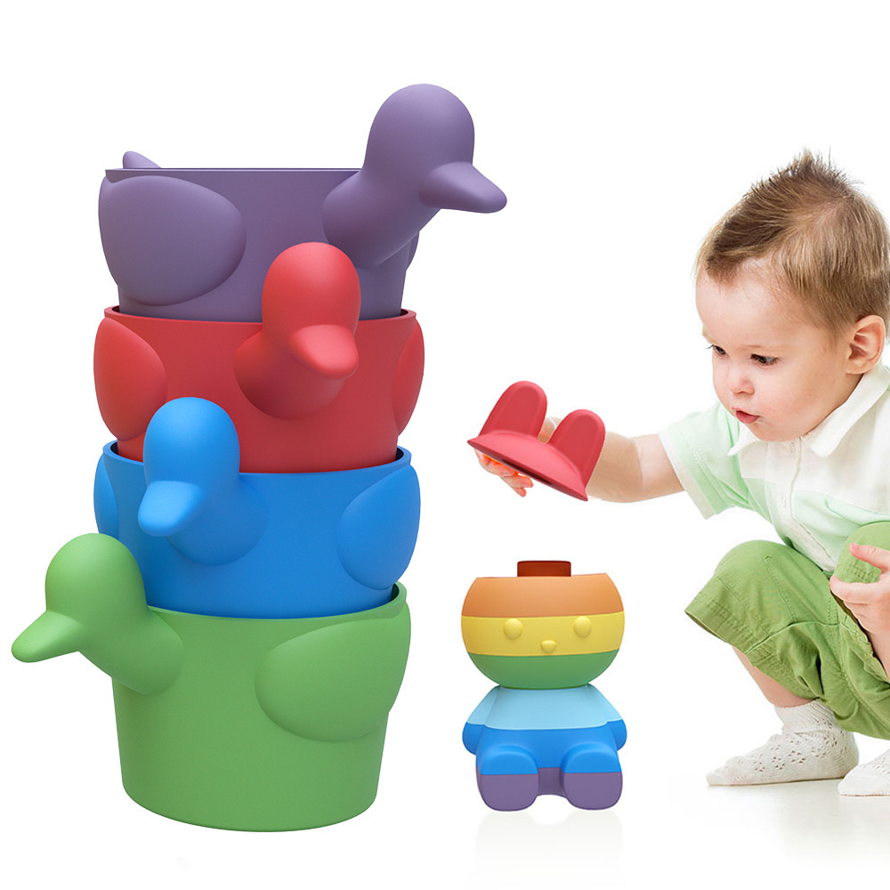 CPC 0-12 Months BPA Free Silicone Building Block Toys Set Soft Colorful Duck Shaped Baby Stack Toy Set For Kids Educational Toys