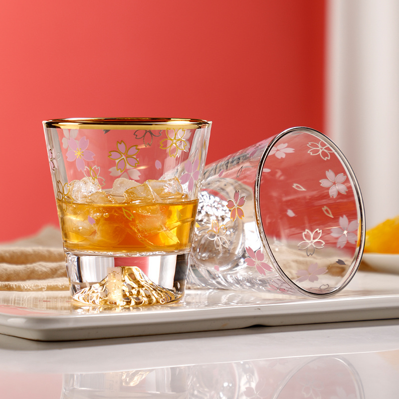 Fujiyama cherry blossom with Phnom Penh whisky cup,Whisky glass cup with golden rim ,Custom whisky cup