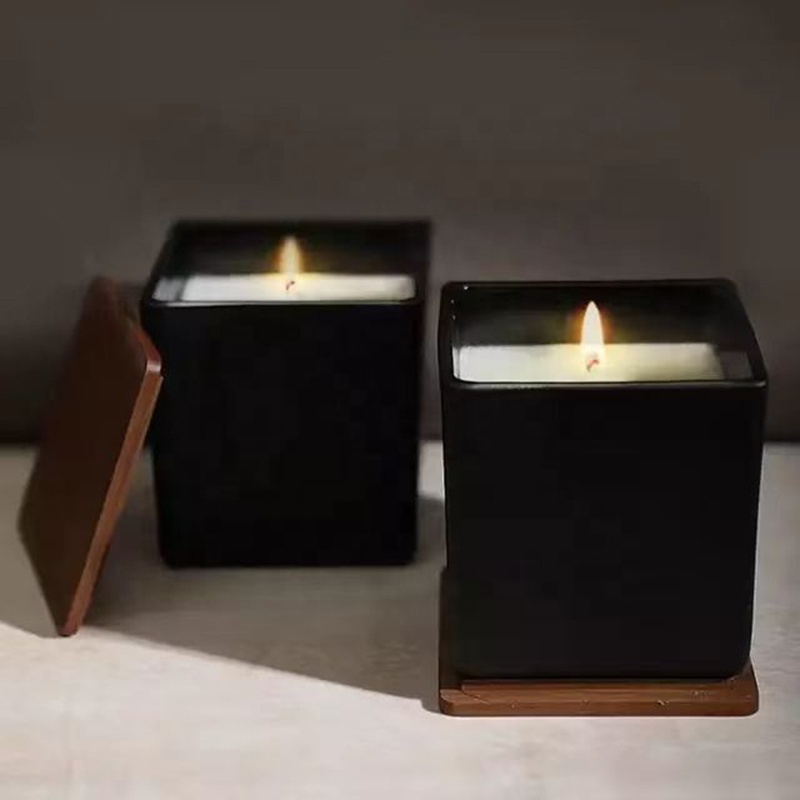 Wholesale Square Black Glass Candle Container Candle Jar With Wooden Lid