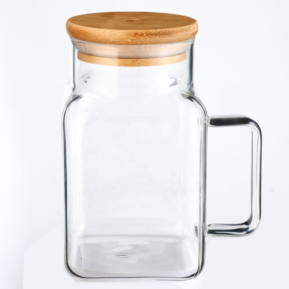 Square Cold Beverage Glass Clrear Mason Jar Drink Cup With Handle Lid And Straw