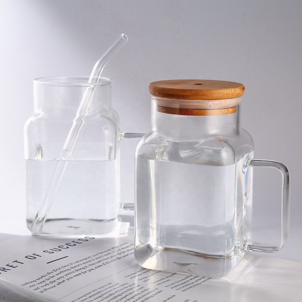 Square Cold Beverage Glass Clrear Mason Jar Drink Cup With Handle Lid And Straw