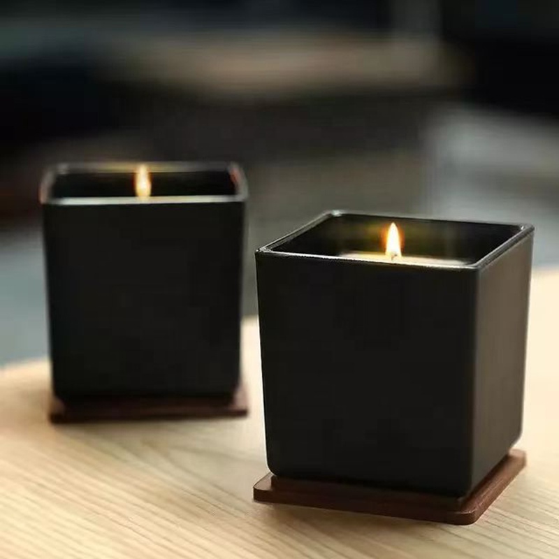 Wholesale Square Black Glass Candle Container Candle Jar With Wooden Lid