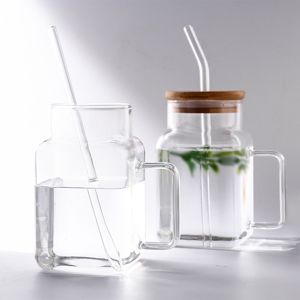 Square Cold Beverage Glass Clrear Mason Jar Drink Cup With Handle Lid And Straw