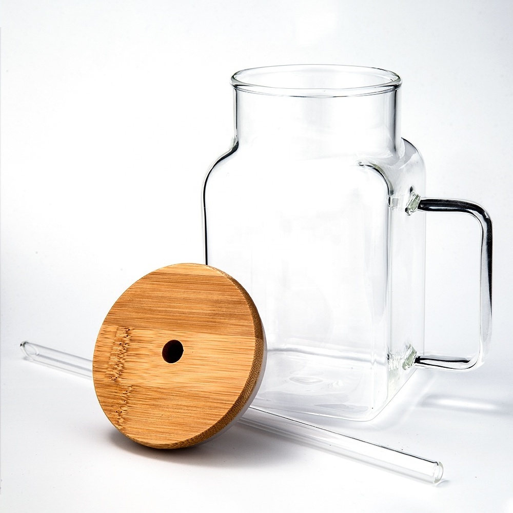 Square Cold Beverage Glass Clrear Mason Jar Drink Cup With Handle Lid And Straw