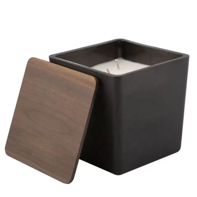 Wholesale Square Black Glass Candle Container Candle Jar With Wooden Lid