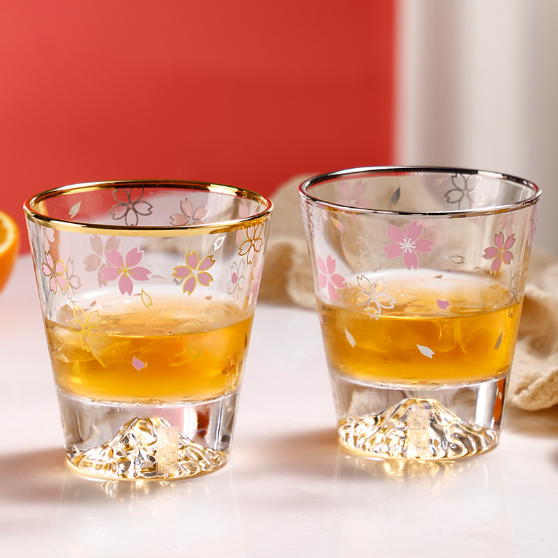 Fujiyama cherry blossom with Phnom Penh whisky cup,Whisky glass cup with golden rim ,Custom whisky cup