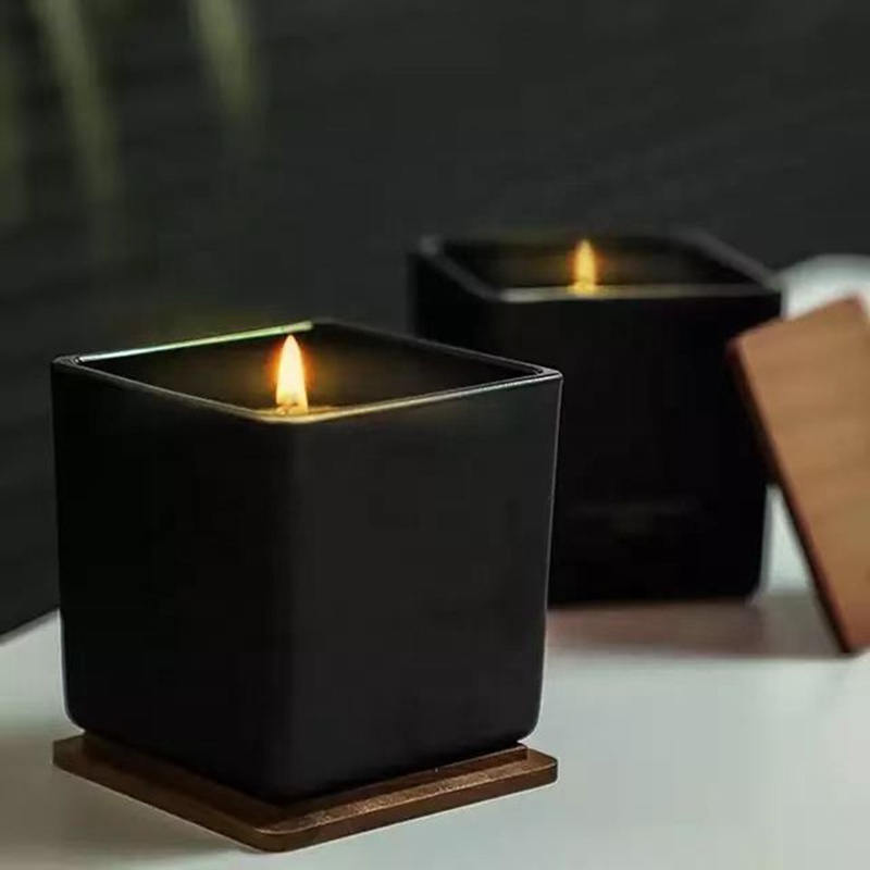 Wholesale Square Black Glass Candle Container Candle Jar With Wooden Lid