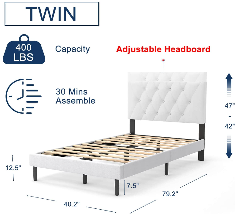 Twin Size Platform Bed Frame with Adjustable Headboard,Strong Frame and Wooden Slats Support, No Box Spring Needed, Non-Slip