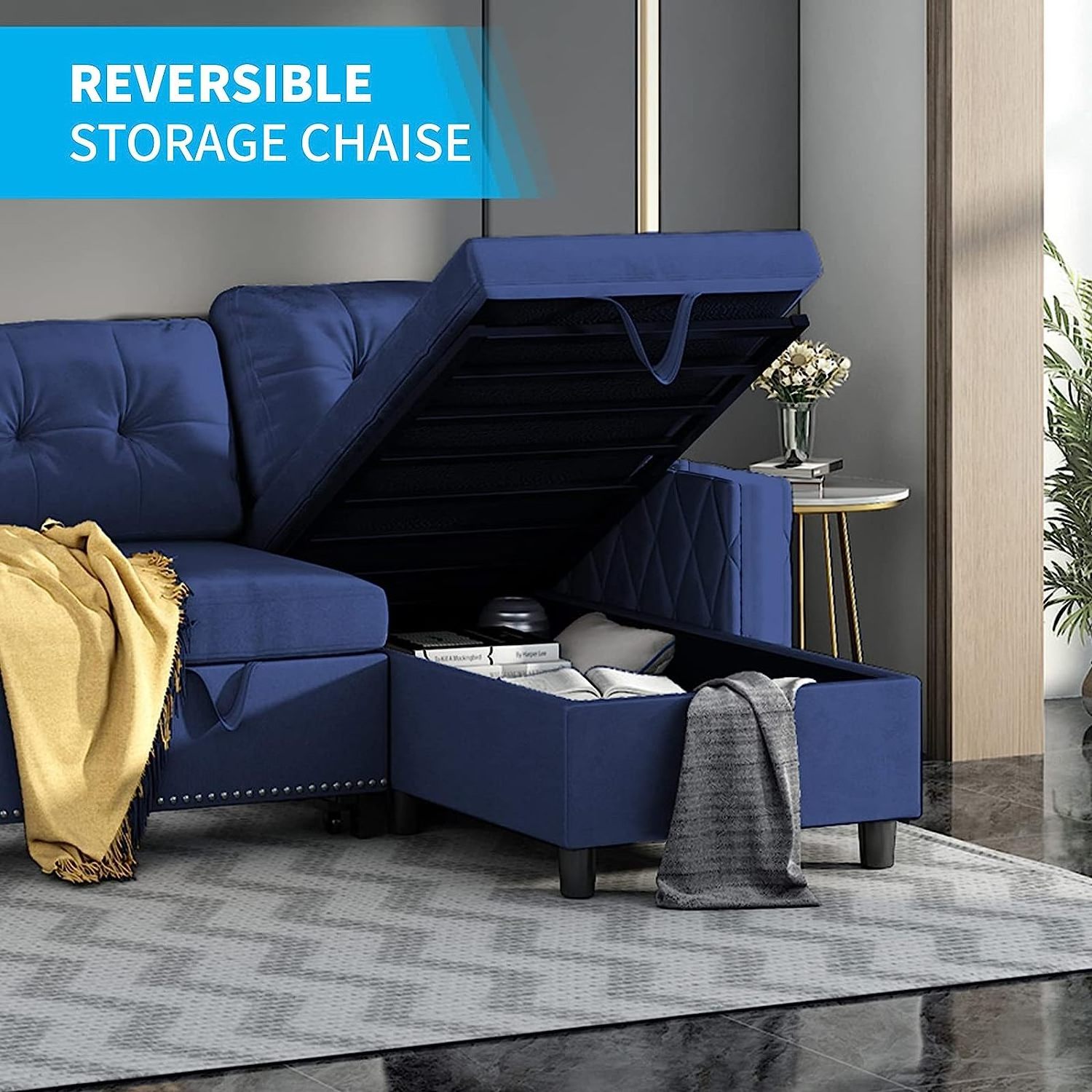 Dark blue sofa bed, pull-out sofa bed with detachable storage chain, 2-in-1 velvet cushion reversible sleep segmented sofa