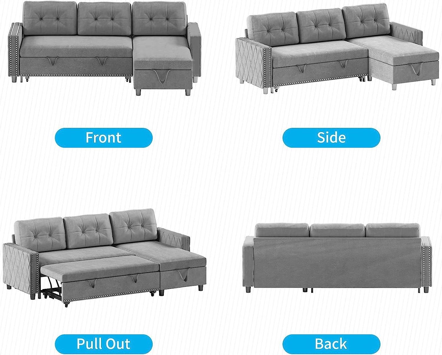 Dark blue sofa bed, pull-out sofa bed with detachable storage chain, 2-in-1 velvet cushion reversible sleep segmented sofa