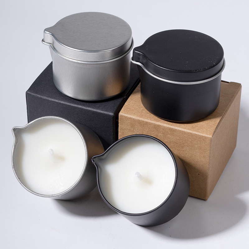 wholesale luxury body massage oil lotion candle massage tin candle with Essential oil jars spout and lid