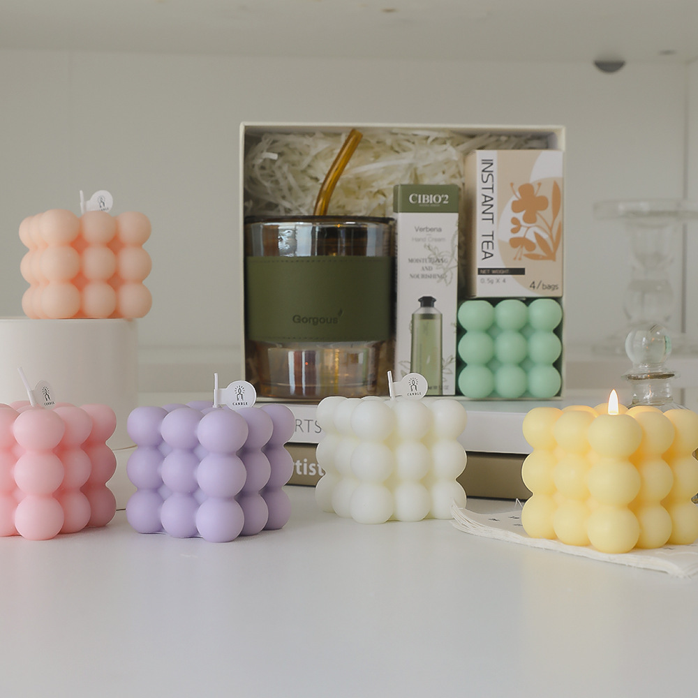 Wholesale 6x5.5cm bubble cube natural soy wax candles private label rubik's cube shaped candle