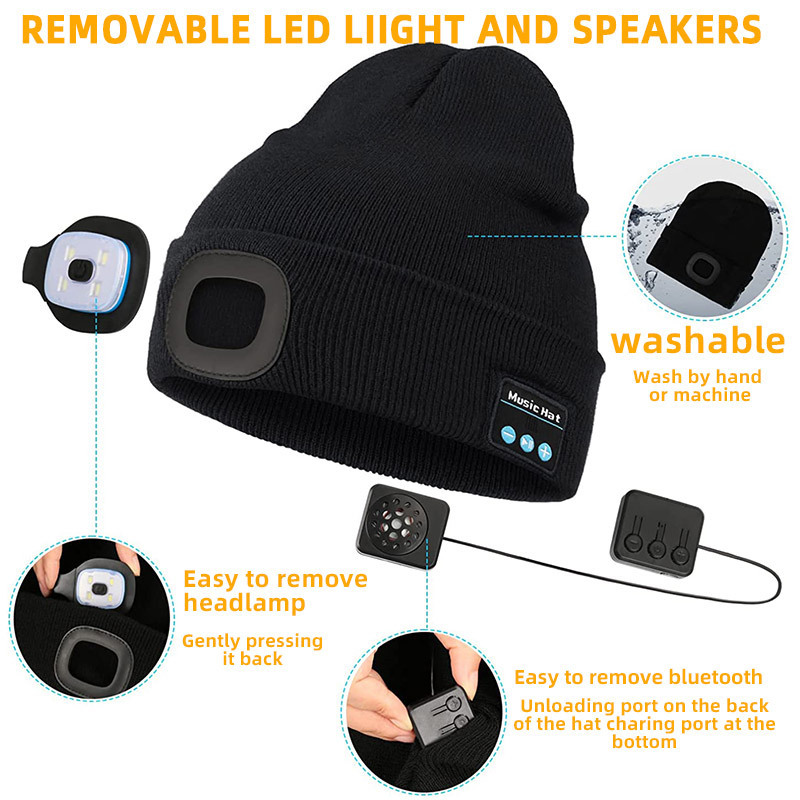 Winter Warm Knitted Hats Headphone Rechargeable Bright LED Headlamp Unisex Beanie Hat For Running Hiking Camping Ice Fishing