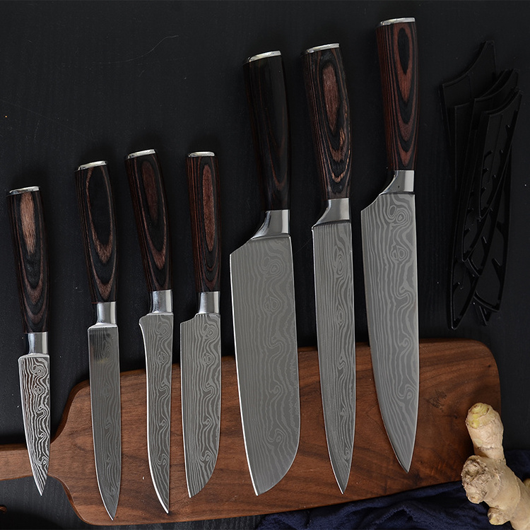 Xingye Kitchen Knives 7cr17 Stainless Steel 6 Piece Wood Handle Super Sharp Damascus Pattern 2021 Pakistan Germany Knife Set