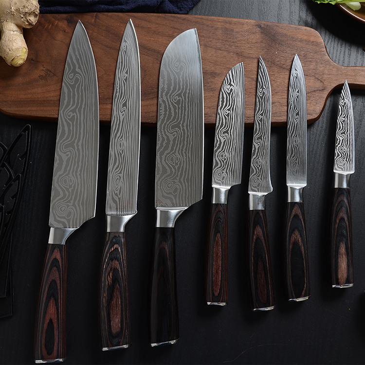 Xingye Kitchen Knives 7cr17 Stainless Steel 6 Piece Wood Handle Super Sharp Damascus Pattern 2021 Pakistan Germany Knife Set