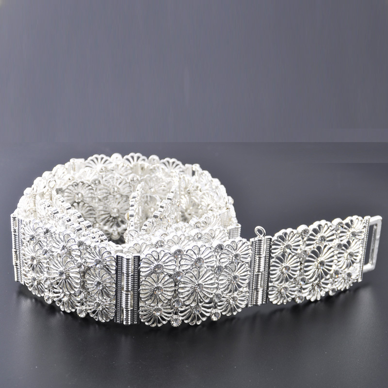 Full Crystals Flower Design Waist Belts Women Diamante Crystal Chain Bride Wide Shiny Gold Silver Waist Belt