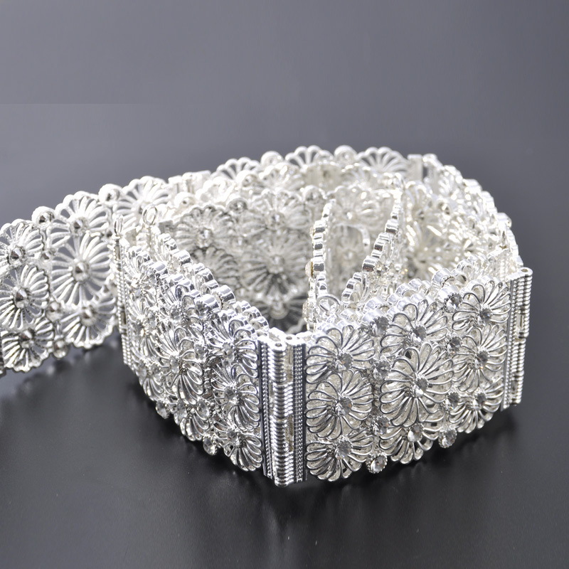 Full Crystals Flower Design Waist Belts Women Diamante Crystal Chain Bride Wide Shiny Gold Silver Waist Belt