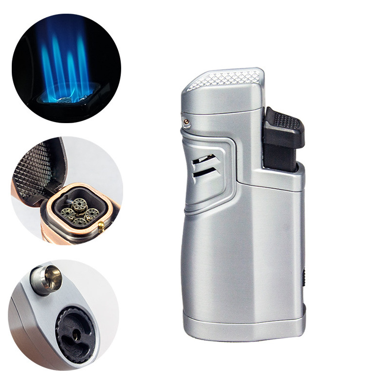 LT01Q604 Cigar Butane Gas Lighter Quad Torch Lighter With Puncher Windproof Cigar Cutter Smoking Accessories