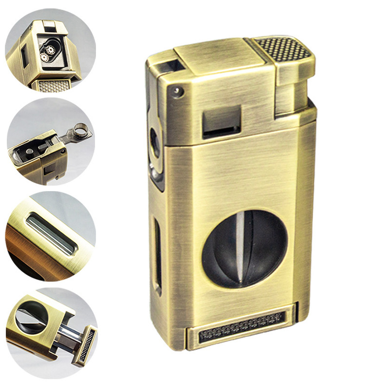 LT01M201 NMulti-function Cigar Butane Gas Lighter Double Torch Lighter With Puncher Windproof Spray Gun V-Shaped Cigar Cutter