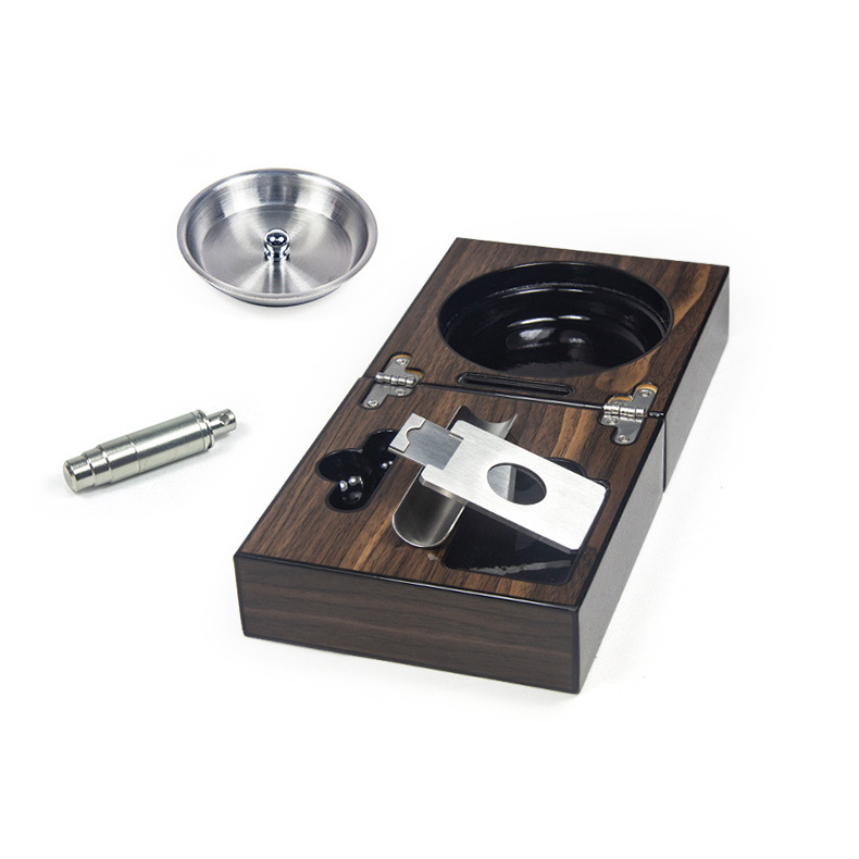 AS272201 Fashion Design Multifunction Black Wood Grain Piano Paint Cigar Ashtray Cigar Punch Smoking Accessories