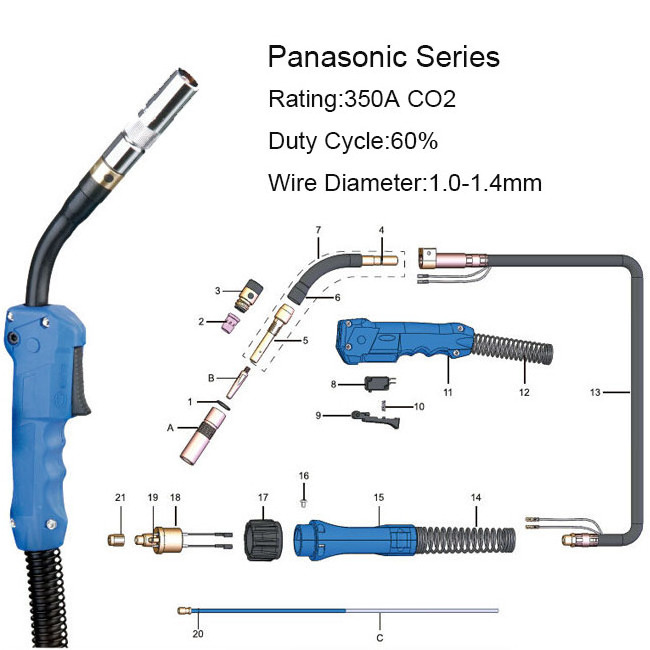 Pana series 200A 350A 500A Torch Applicable for MIG/MAG/CO2 Welding Air cooled welding torch