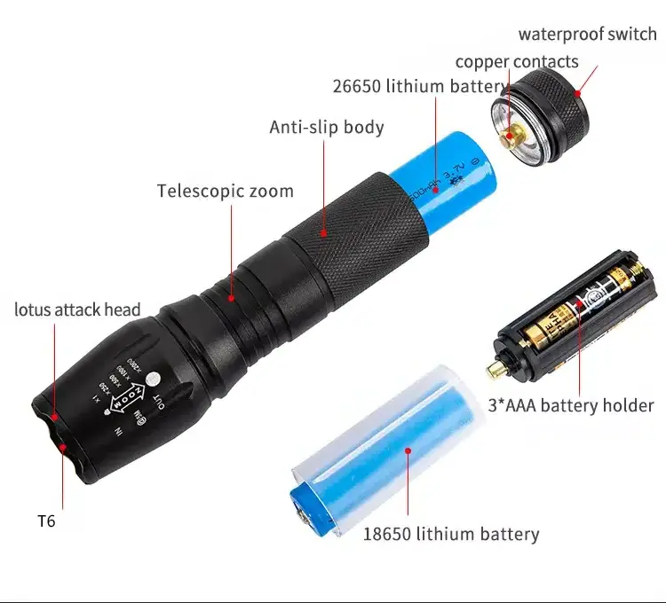 Portable outdoor home emergency LED flashlight high lumen T6 waterproof LED zoomable tactical flashlight