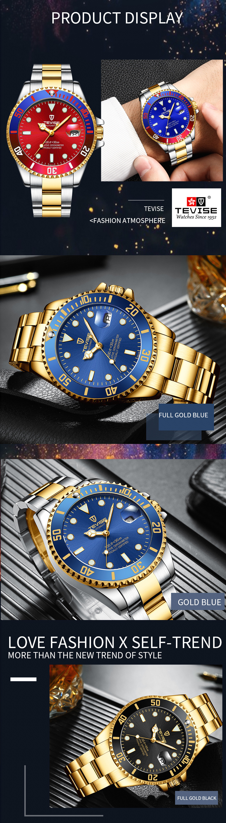 Factory Wholesale Brand Mechanical Watches Men TEVISE Luxury Business Calendar Gold Steel Waterproof Automatic Mens Wrist Watch