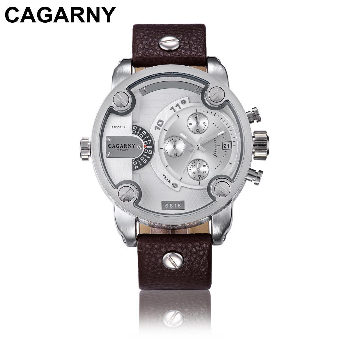 Cagarny Brand Quartz Watch Men Casual Men's Watches Sport Quartz Wrist New Watch Man Dual Time Zone Clock Leather Watchband