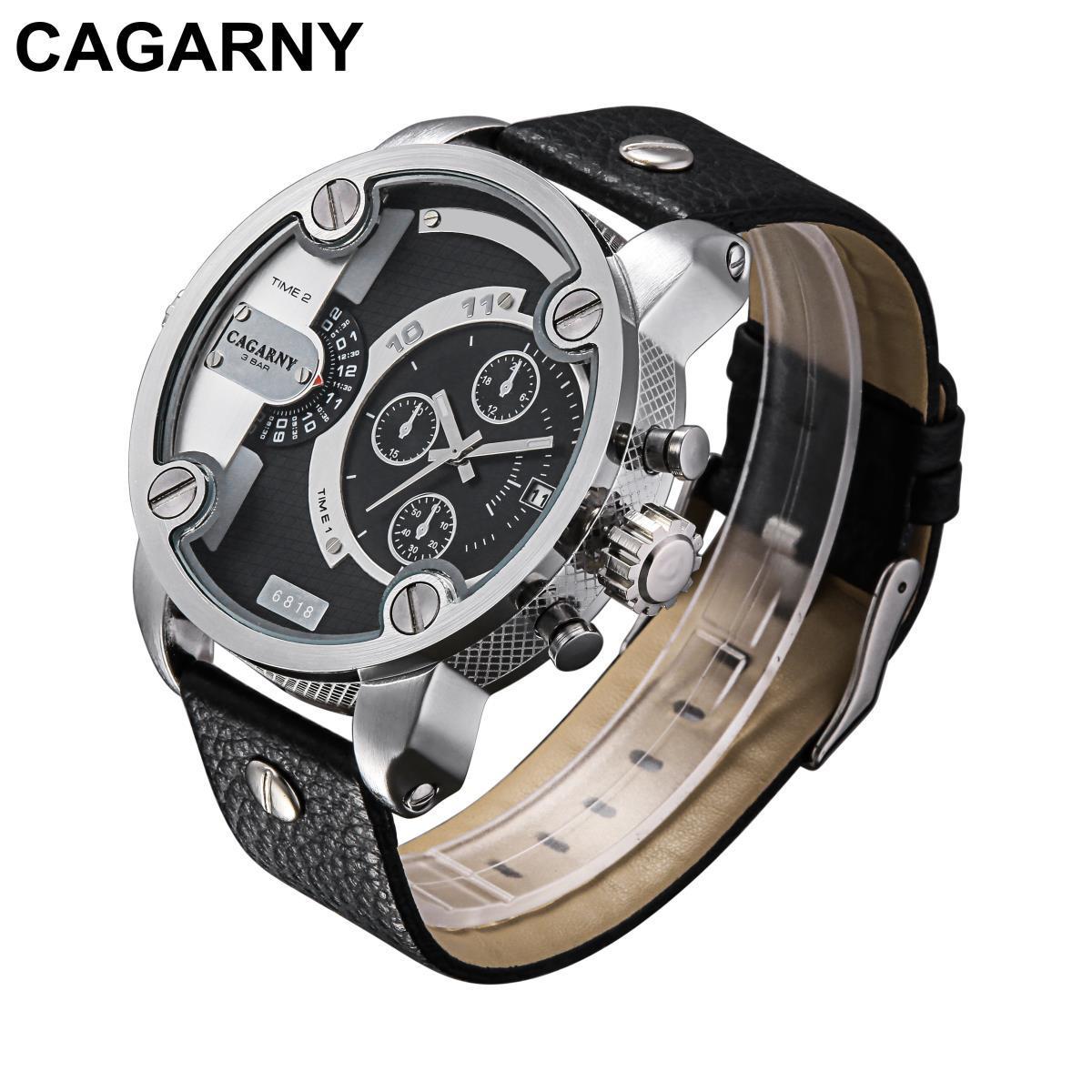 Cagarny Brand Quartz Watch Men Casual Men's Watches Sport Quartz Wrist New Watch Man Dual Time Zone Clock Leather Watchband