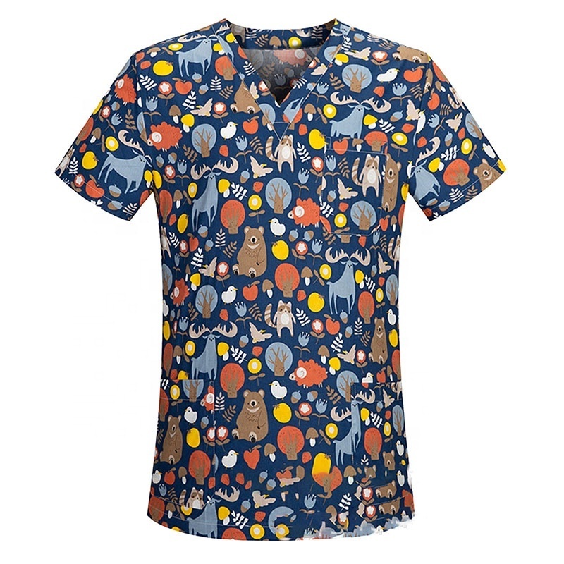 New arrival nursing scrubs tops women print v-neck short sleeve medical uniform scrub shirt