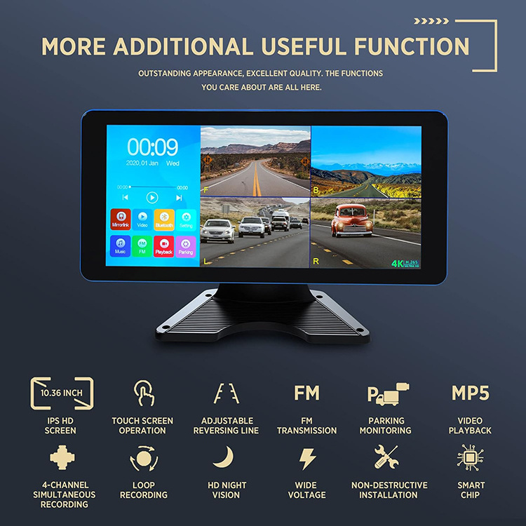 10.36 Inch 4 Channels Split Screen Car MP4 DVR Recorder Monitor With AHD Front Rear Backup Camera For Truck/Bus