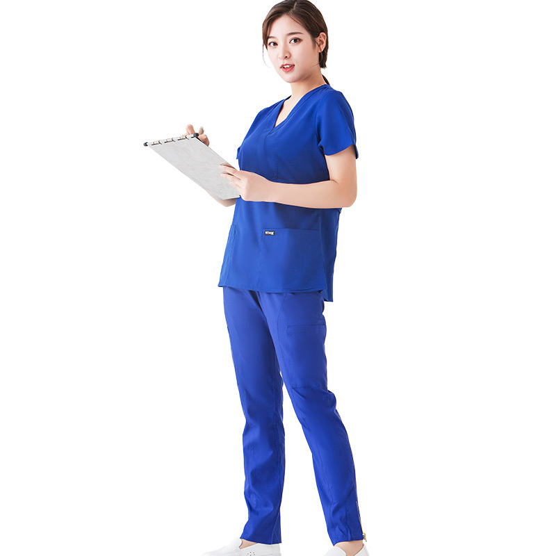 Women Nurse Scrubs 2 Pockets Round Neck Scrub Top with 5 Pockets Drawstring Pants Set Uniforms