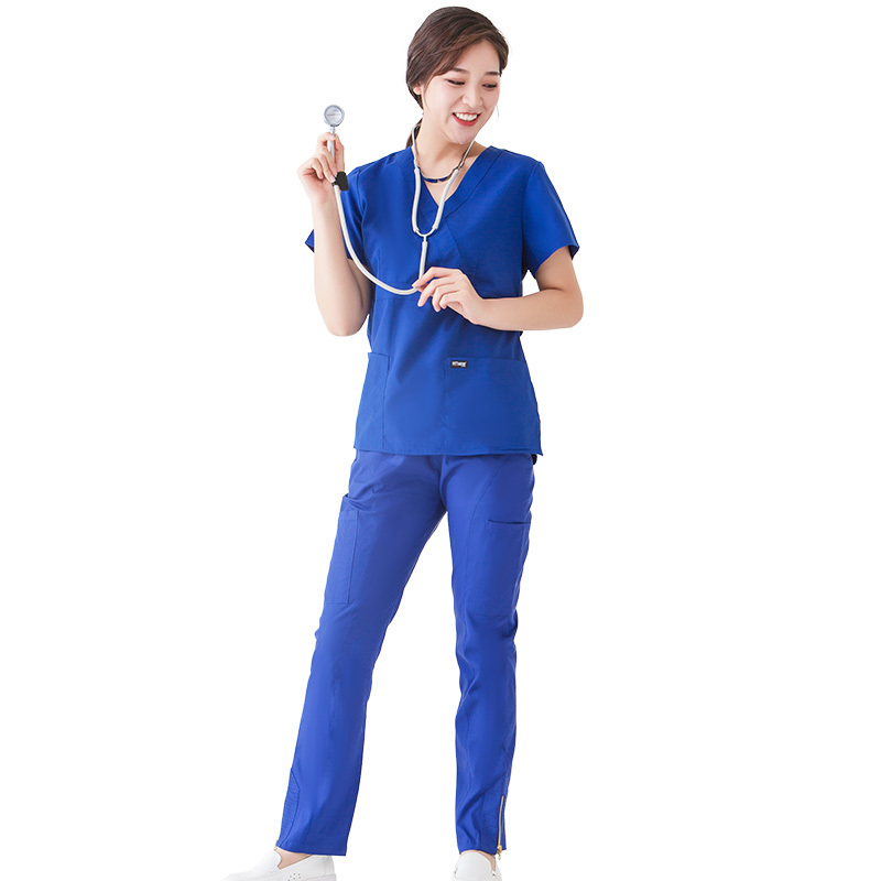 Women Nurse Scrubs 2 Pockets Round Neck Scrub Top with 5 Pockets Drawstring Pants Set Uniforms