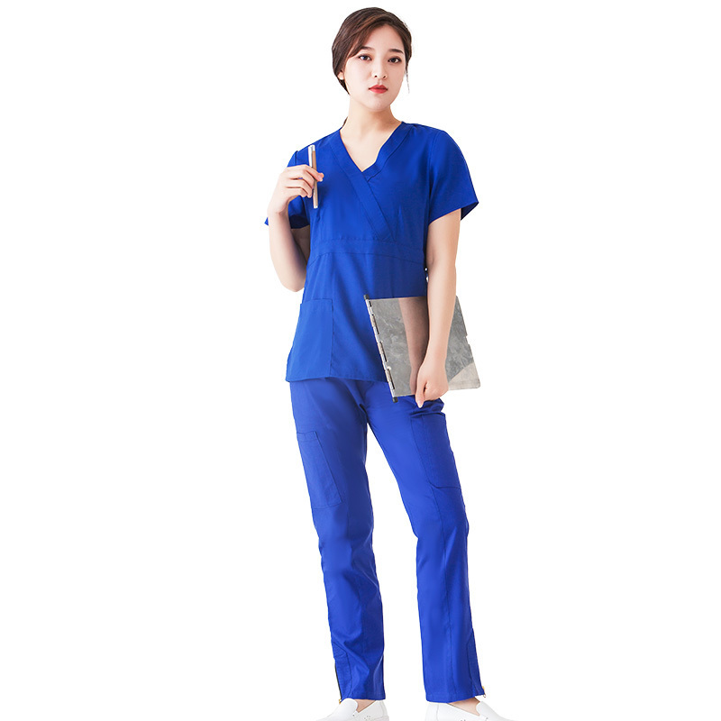 Women Nurse Scrubs 2 Pockets Round Neck Scrub Top with 5 Pockets Drawstring Pants Set Uniforms