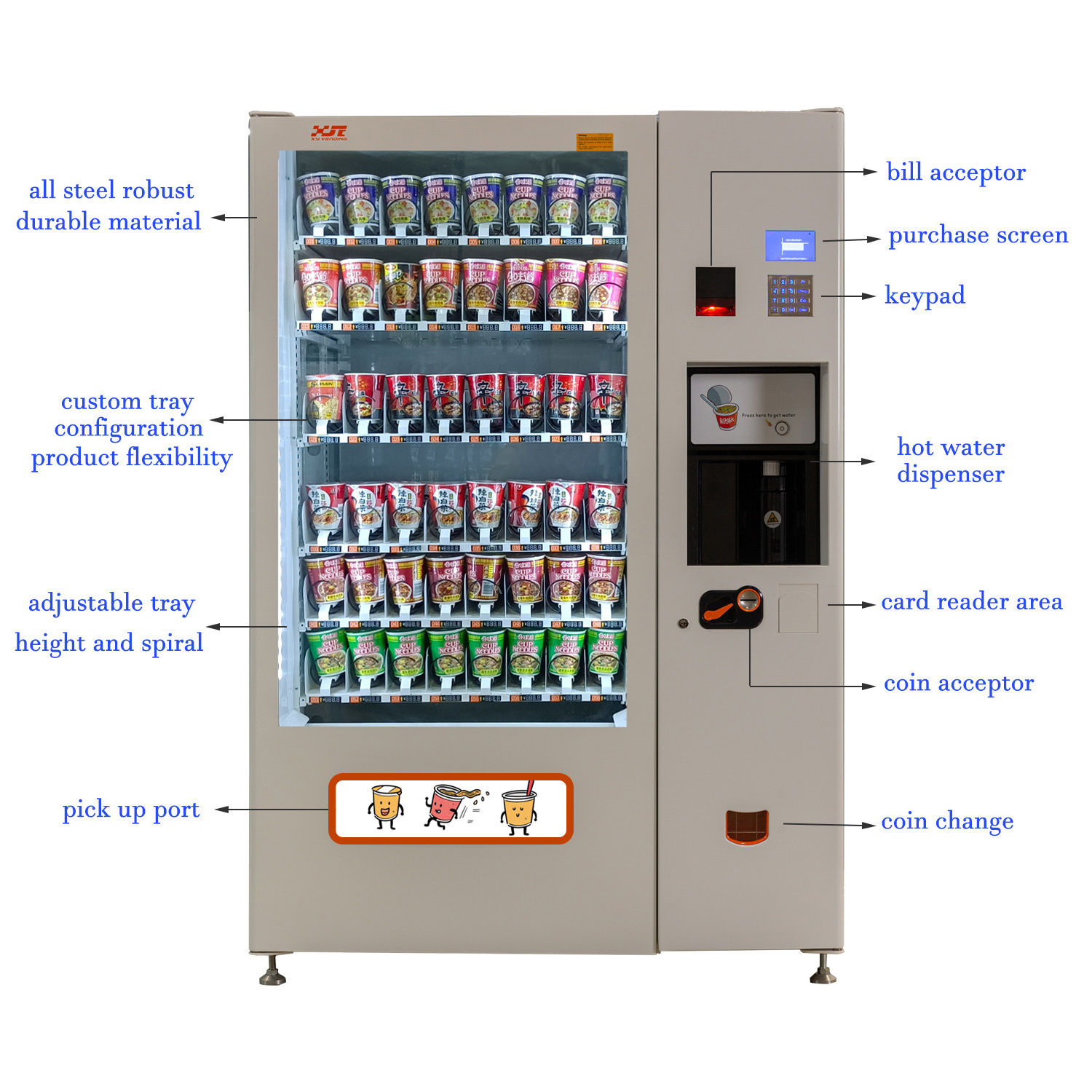 XY Huge Capacity Instant Cup Noodle Ramen Vending Machine With Hot Water Device Remote control  12 months warranty