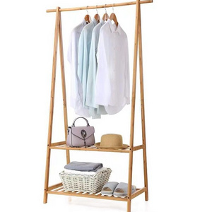 Coat Clothes Hanging Rack with Top Shelf and 2-tier Shoe Clothing Storage Bamboo Garment Rack