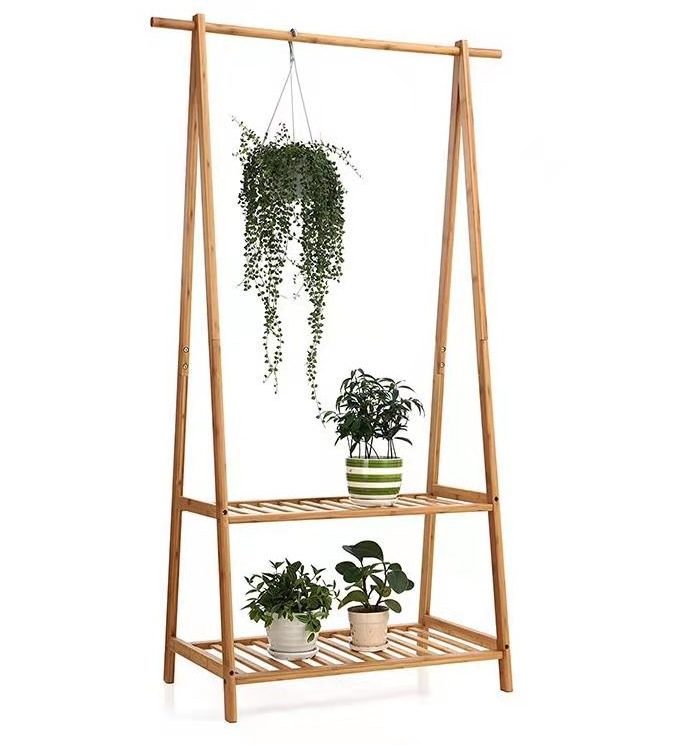 Coat Clothes Hanging Rack with Top Shelf and 2-tier Shoe Clothing Storage Bamboo Garment Rack