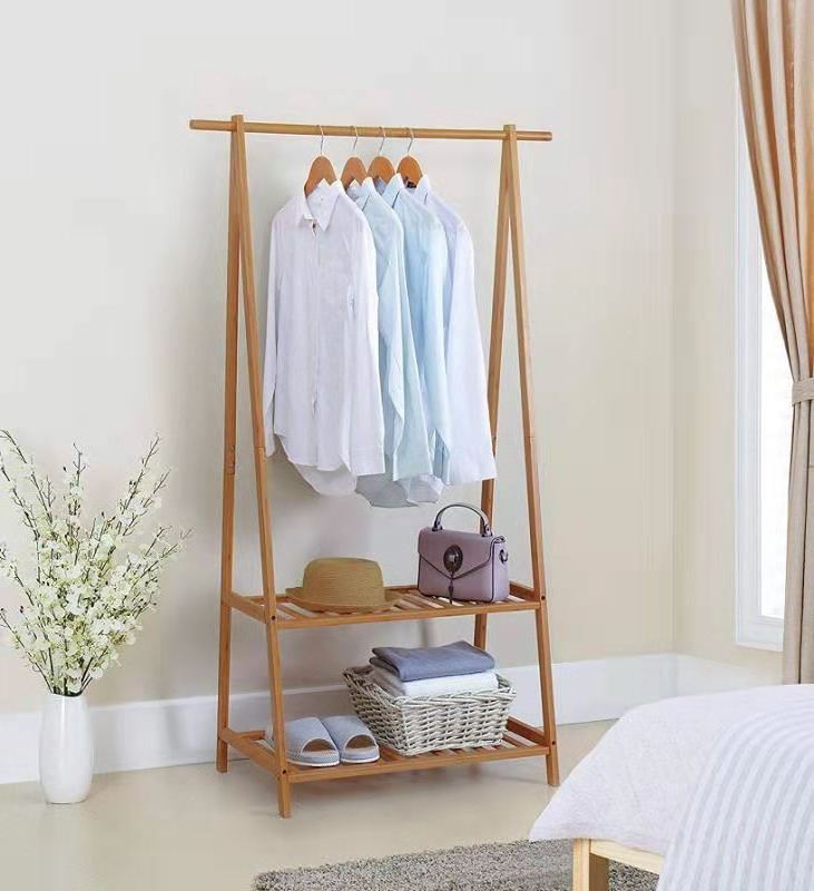 Coat Clothes Hanging Rack with Top Shelf and 2-tier Shoe Clothing Storage Bamboo Garment Rack