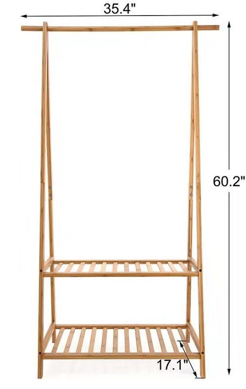 Coat Clothes Hanging Rack with Top Shelf and 2-tier Shoe Clothing Storage Bamboo Garment Rack